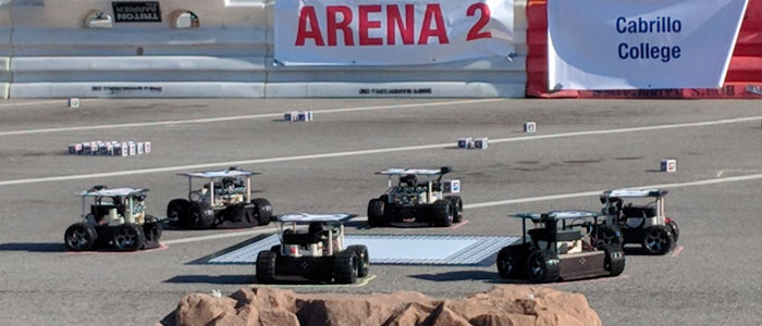 Picture of the Swarmathon competition arena with robots at their starting positions